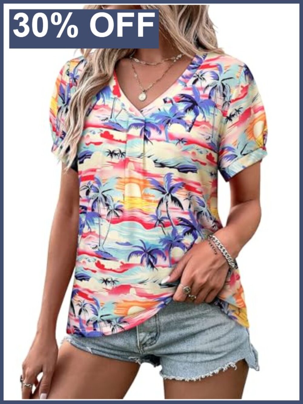 Womens Puff Short Sleeve Hawaiian Blouse Floral Pleated V Neck